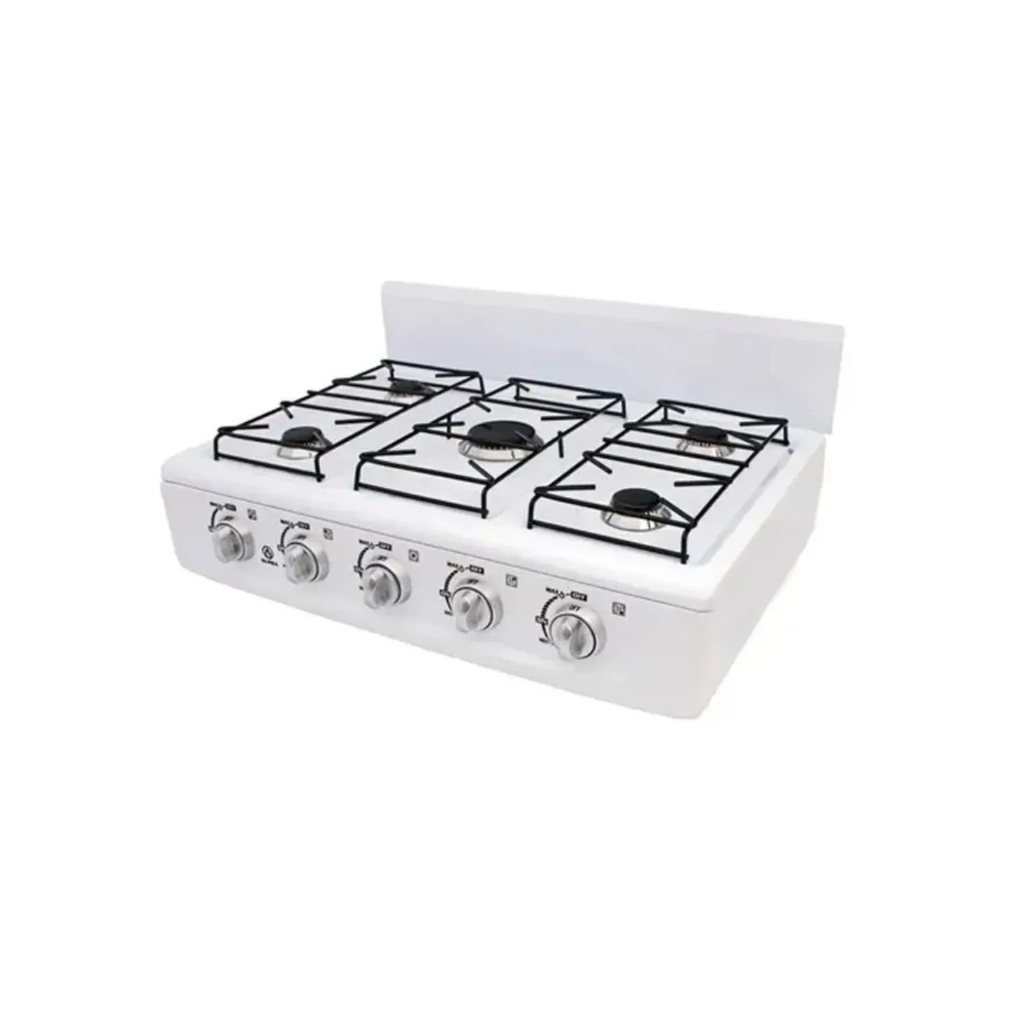 Cocina de sobremesa de 4 quemadores a gas color blanco con parrillas de fierro esmaltado para uso doméstico