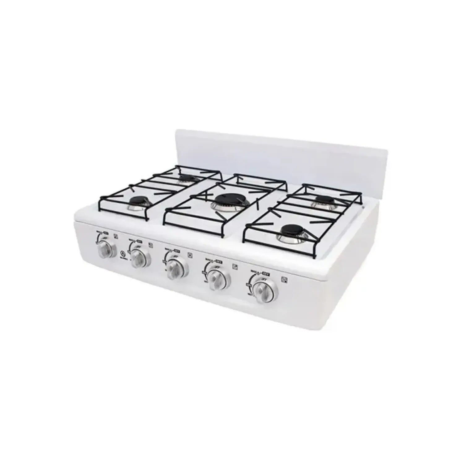 Cocina de sobremesa de 4 quemadores a gas color blanco con parrillas de fierro esmaltado para uso doméstico