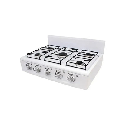 Cocina de sobremesa de 4 quemadores a gas color blanco con parrillas de fierro esmaltado para uso doméstico