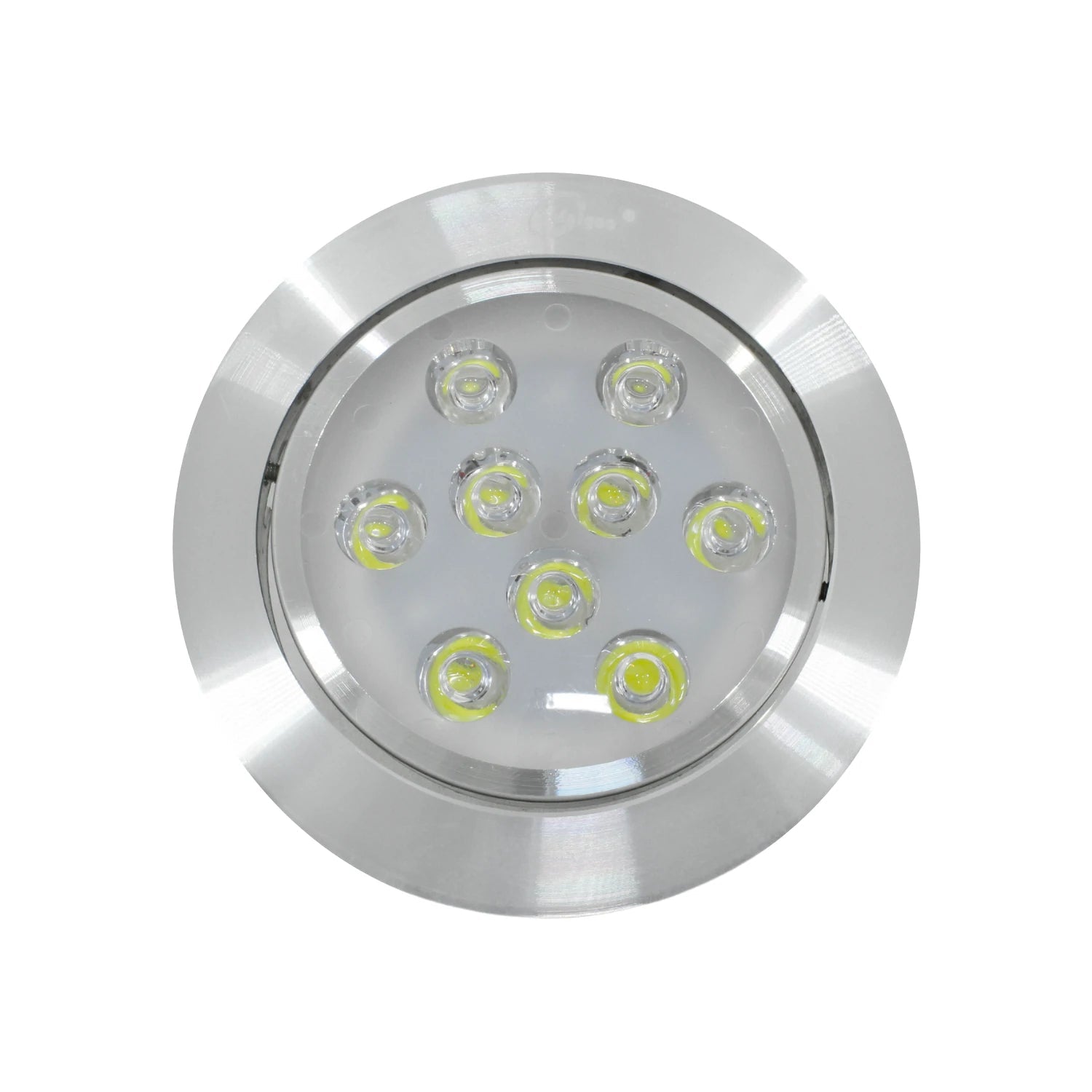 Lámpara panel LED redonda empotrable de aluminio plateado con 9 focos luminosos, ideal para iluminación moderna
