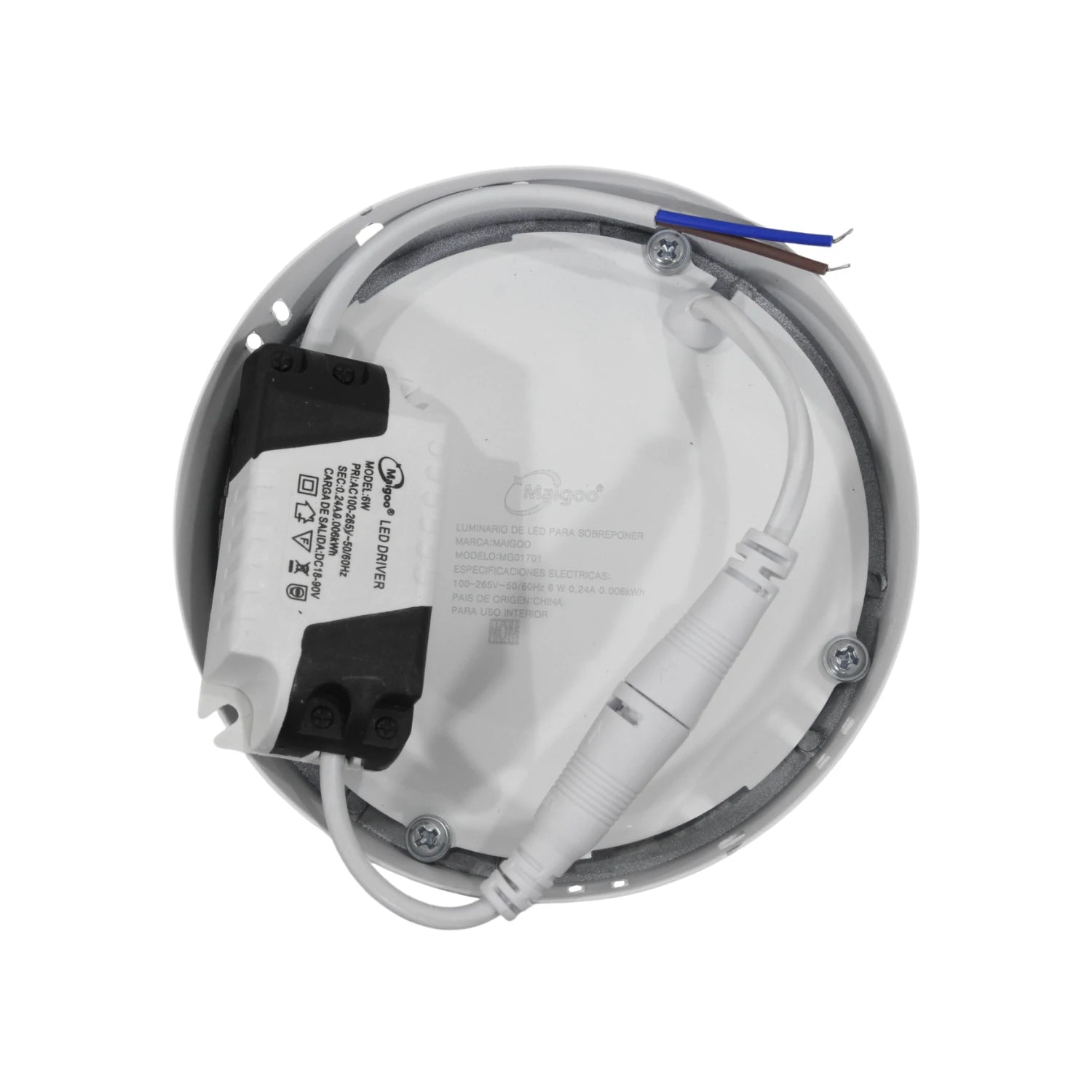 Lámpara panel LED Maigoo 6W redonda para sobreponer, vista trasera con driver y conexiones eléctricas