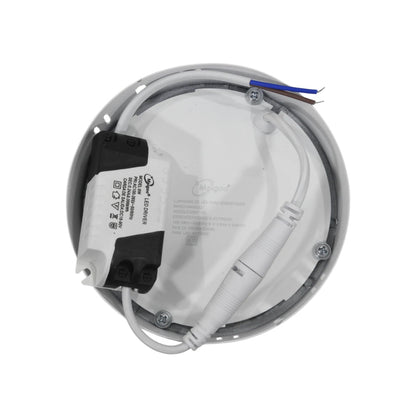 Lámpara panel LED Maigoo 6W redonda para sobreponer, vista trasera con driver y conexiones eléctricas