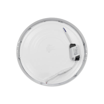 Panel LED redondo Maigoo blanco 24W de sobreponer, vista trasera con driver y conexiones eléctricas para iluminación.