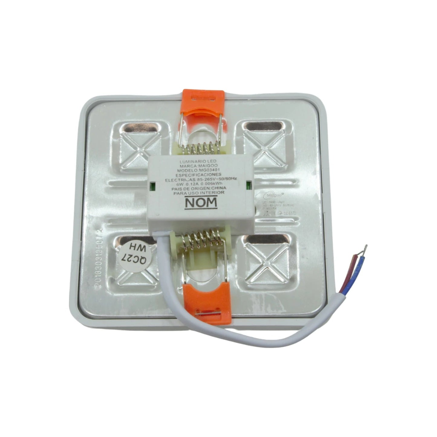 Lámpara panel LED Maigoo MG03401 6W cuadrada empotrable, vista trasera con resortes y driver