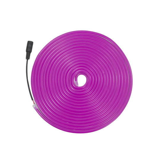 Tira LED neón morado flexible de 5 metros enrollada con conector de alimentación para iluminación decorativa y ambientes.