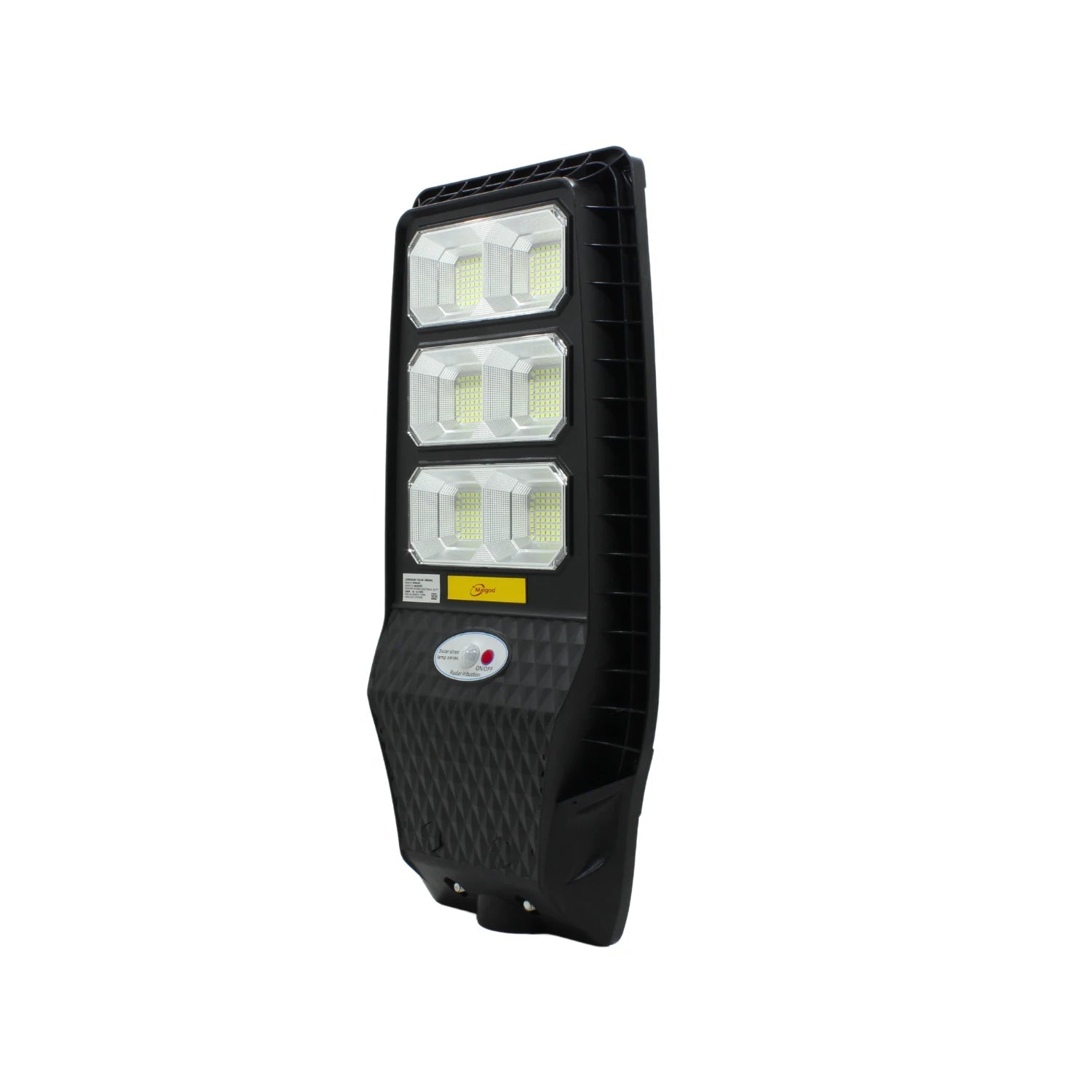 Lámpara suburbana solar LED Maigoo negra 300W con sensor de movimiento, diseño tipo diamante para exteriores