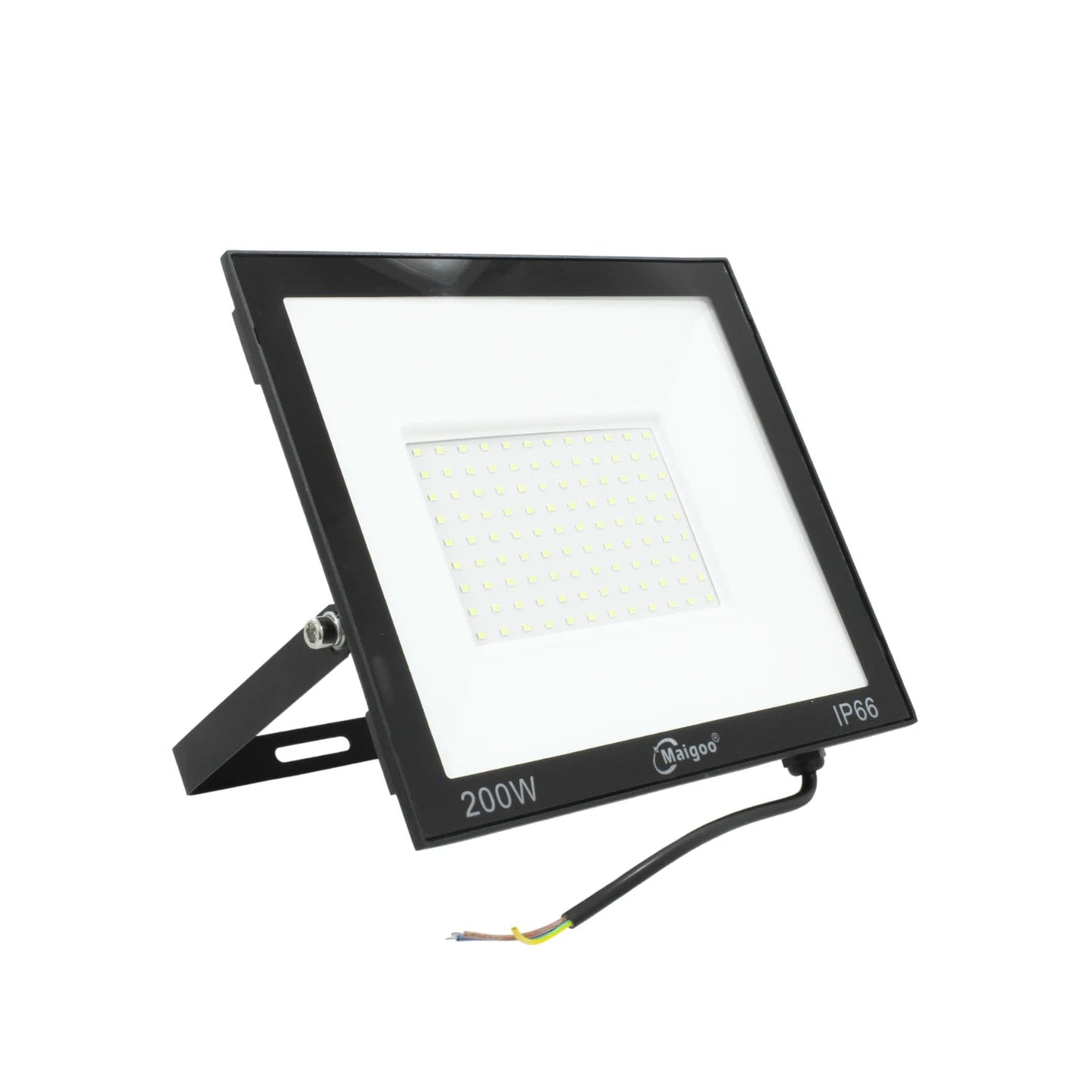 Reflector LED Maigoo negro 200W IP66 para exterior, luz blanca brillante con soporte ajustable.
