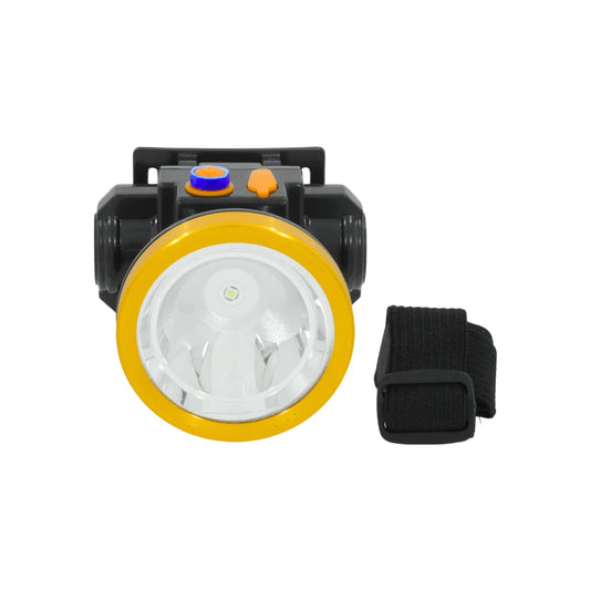Linterna frontal LED recargable negra y amarilla con correa elástica para minería y camping