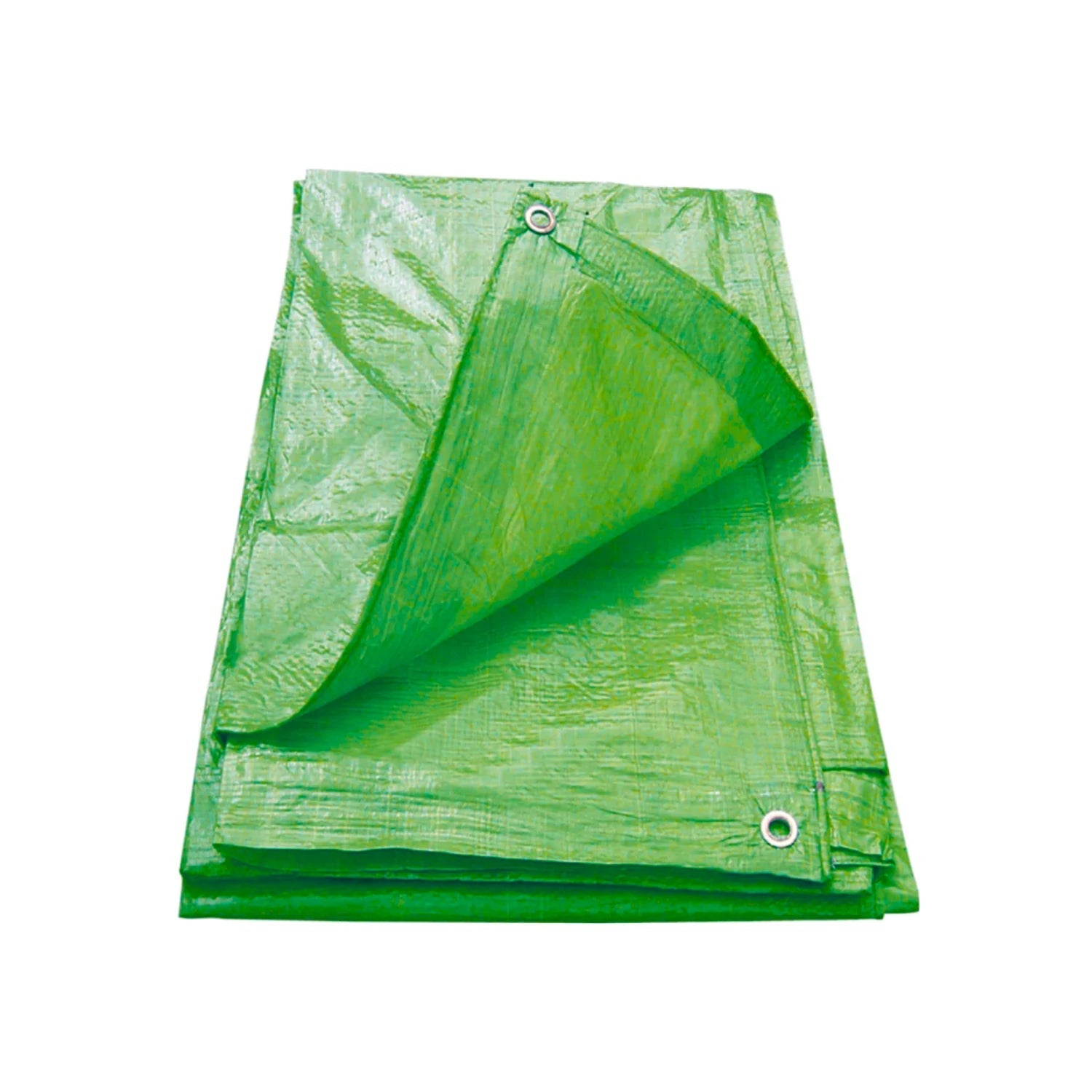 Lona verde ligera de 2x3m con ojales metálicos, plegada, para cubrir y proteger en exteriores.