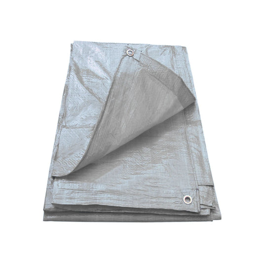 Lona gris ligera plegada con ojales metálicos, ideal para protección exterior y uso multiusos