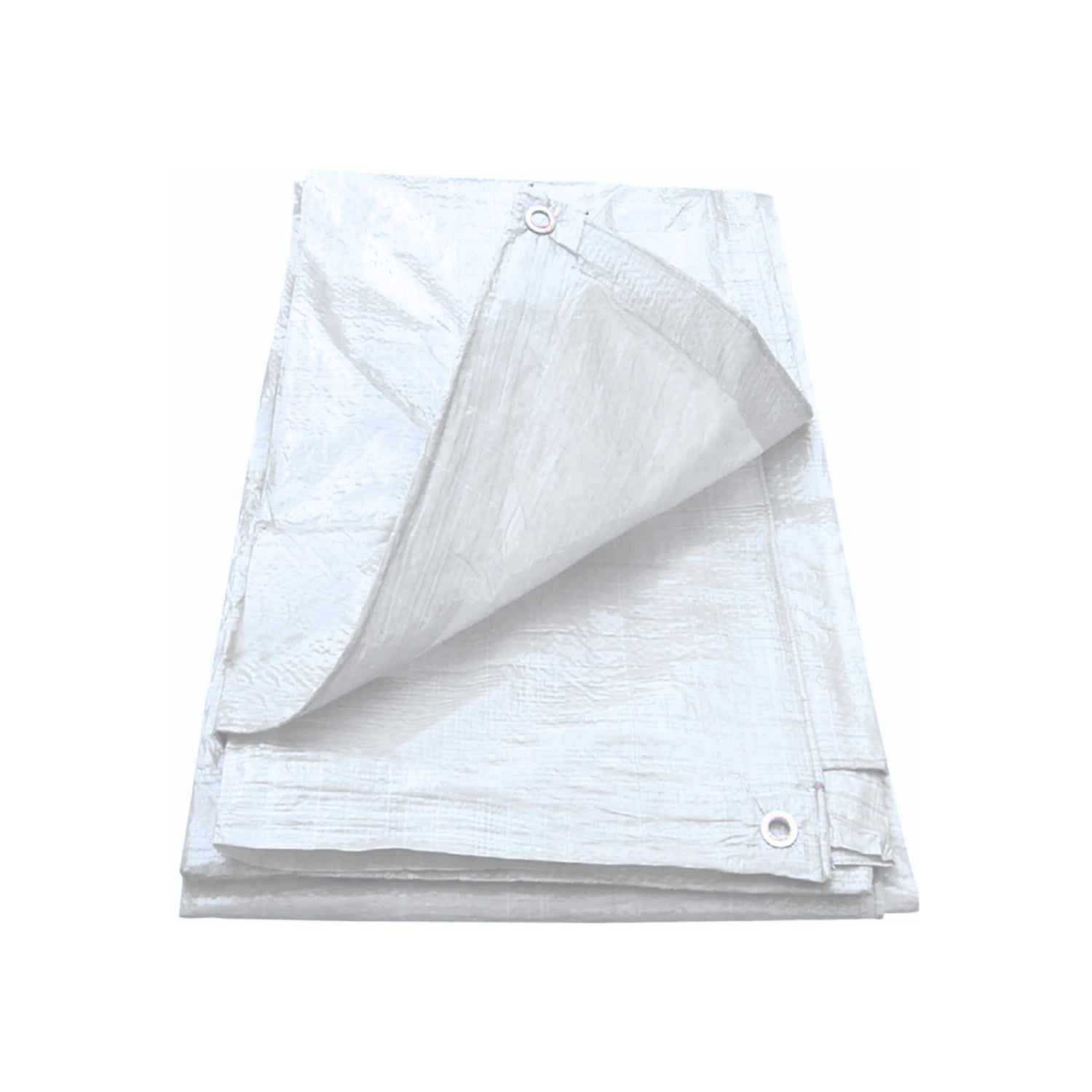 Lona blanca multiusos plegada con ojales metálicos, ideal para protección exterior y construcción