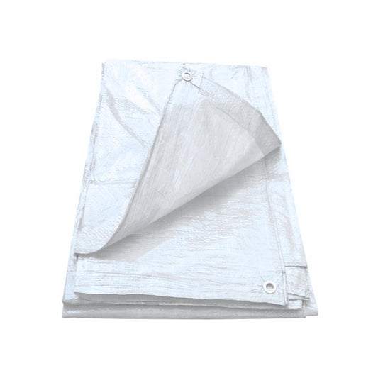 Lona blanca multiusos plegada con ojales metálicos, ideal para protección exterior y construcción