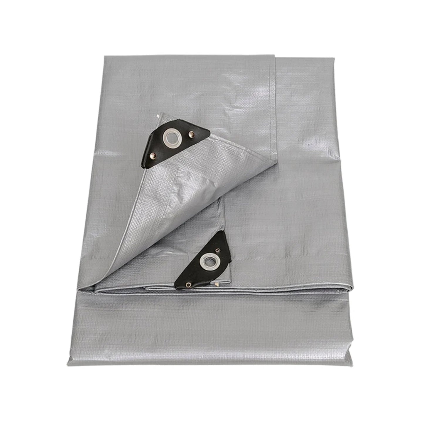 Lona gris de uso rudo plegada, con ojillos metálicos reforzados, ideal para cubrir y proteger en exteriores