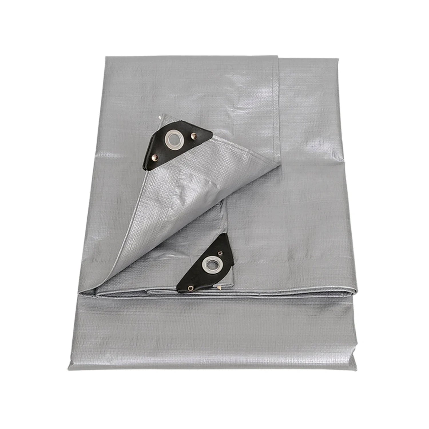 Lona gris de uso rudo plegada, con ojillos metálicos reforzados, ideal para cubrir y proteger en exteriores
