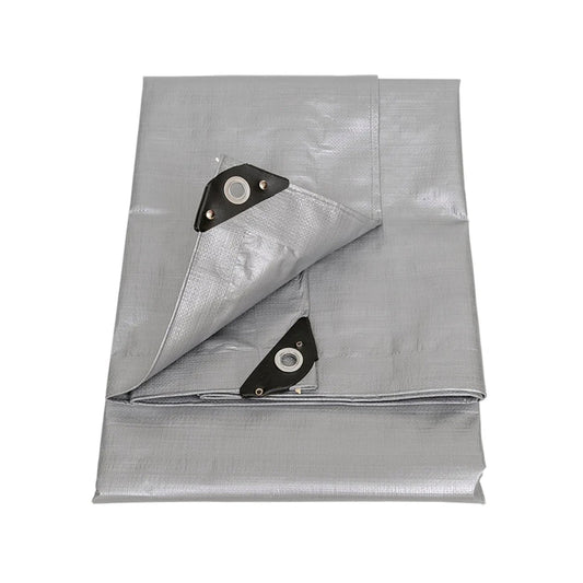 Lona gris de uso rudo plegada, con ojillos metálicos reforzados, ideal para cubrir y proteger en exteriores