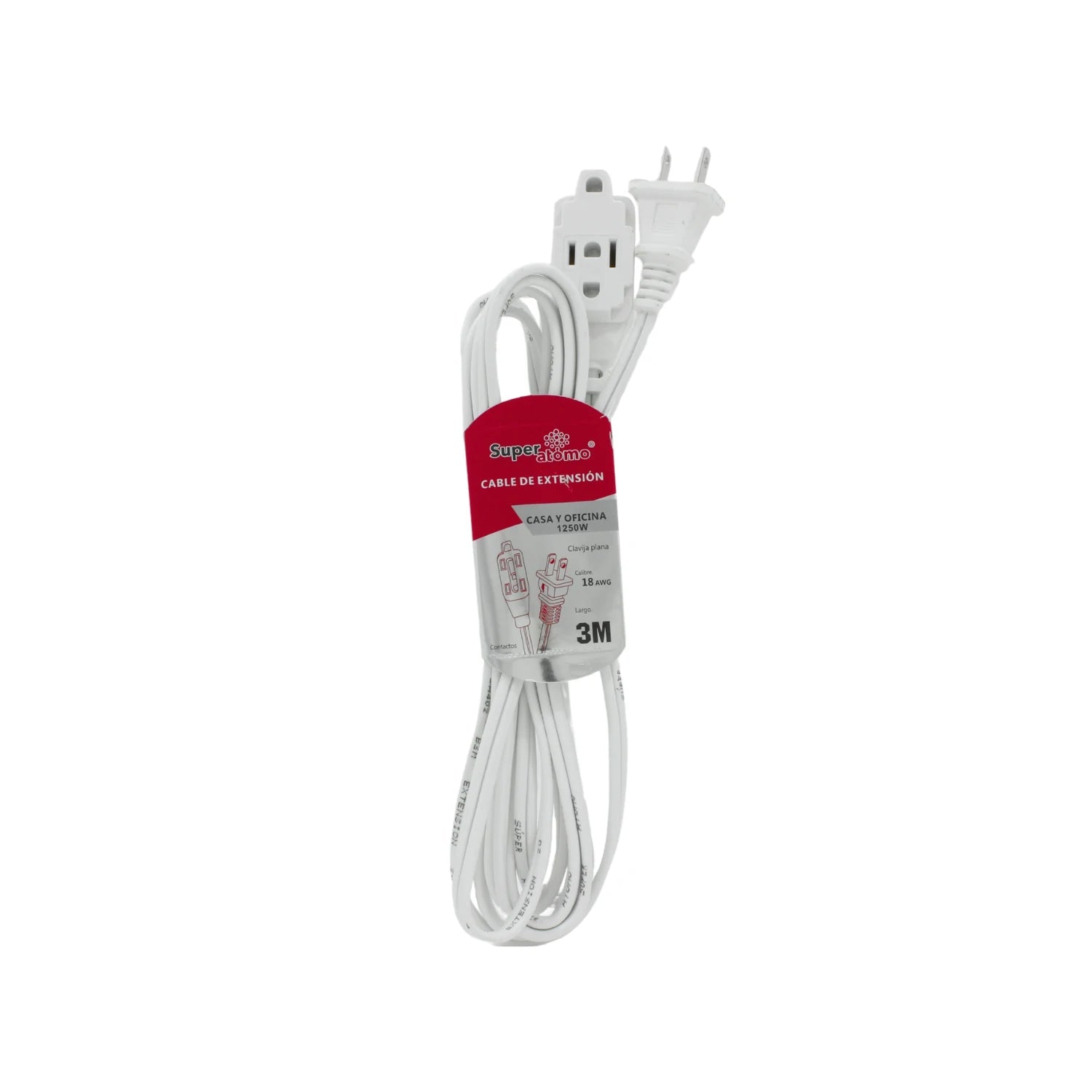 Extensión eléctrica blanca Super Atomo 3 metros, 18 AWG, 1250W para casa y oficina