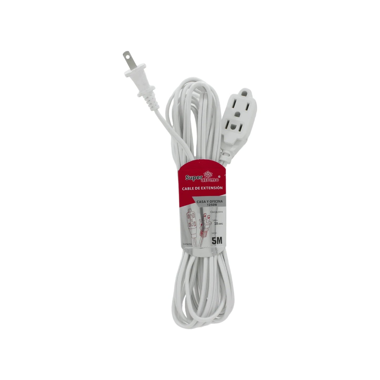Cable de extensión blanco Super átomo 5 metros, 3 contactos, clavija plana 1250W, calibre 18 AWG para casa y oficina