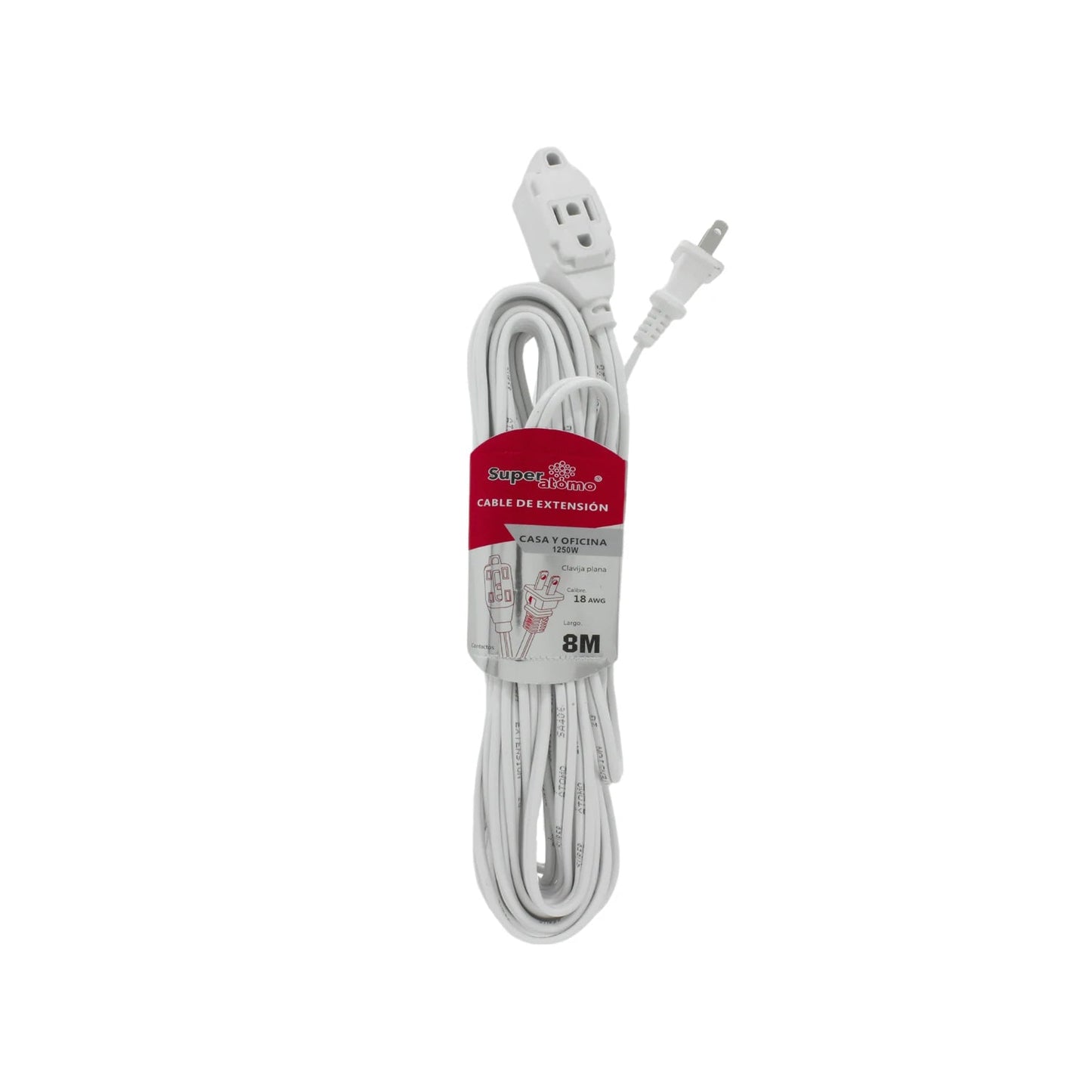 Cable de extensión blanco Super Átomo 8 metros, 18 AWG, 1250W, clavija plana para casa y oficina