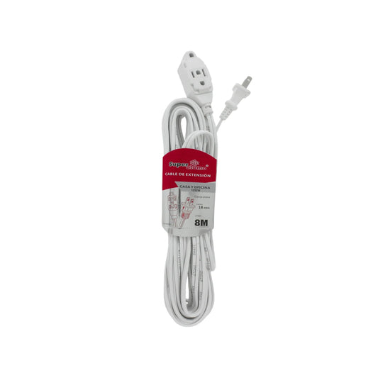 Cable de extensión blanco Super Átomo 8 metros, 18 AWG, 1250W, clavija plana para casa y oficina