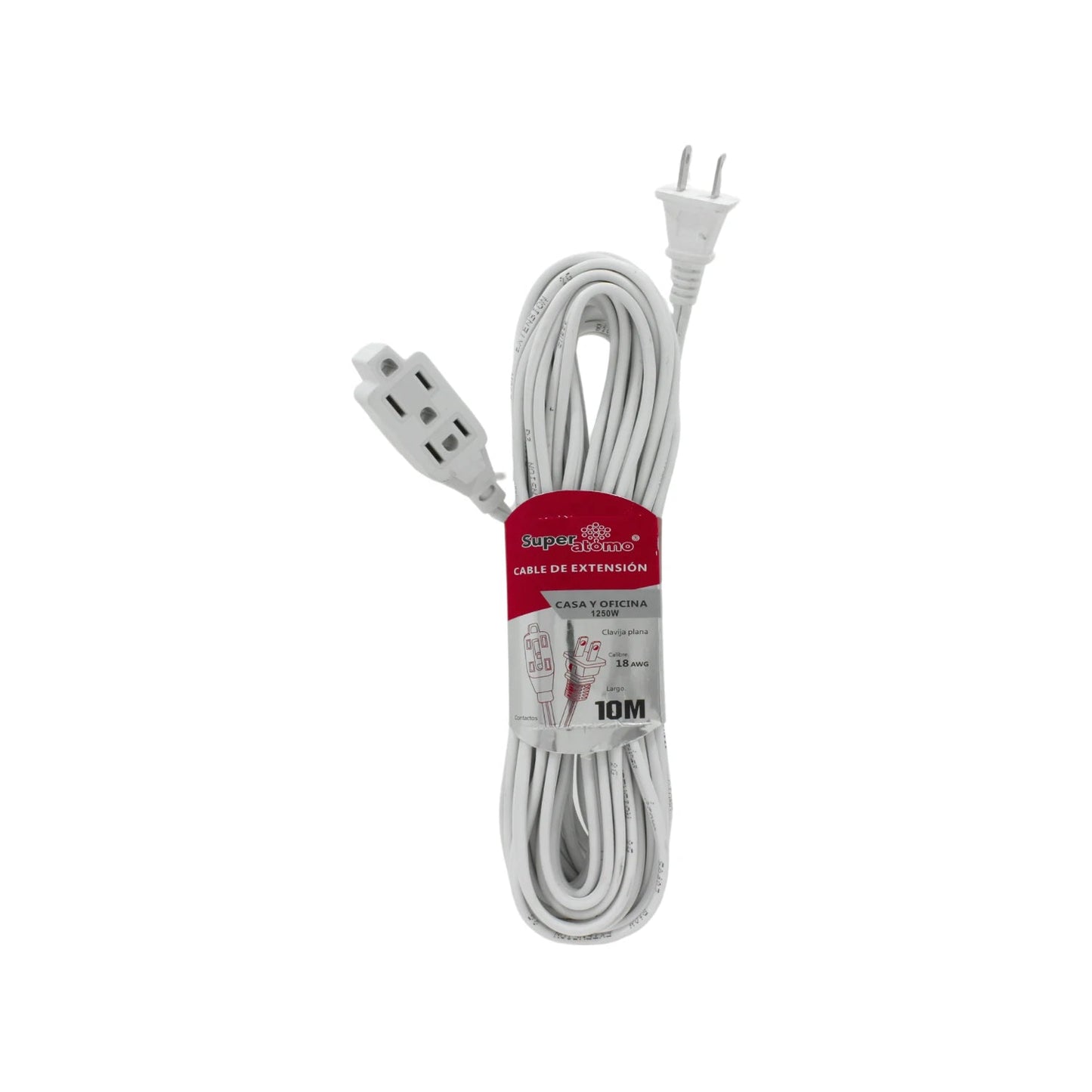 Cable de extensión blanco Super átomo 10 metros 18 AWG para casa y oficina 1250W clavija plana