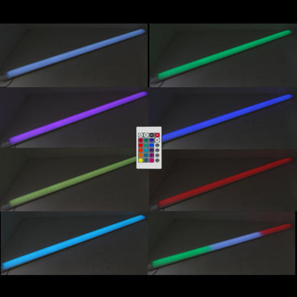 Tubo LED RGB multicolor con control remoto, mostrando iluminación en tonos blanco, verde, azul, rojo y efecto gradiente.