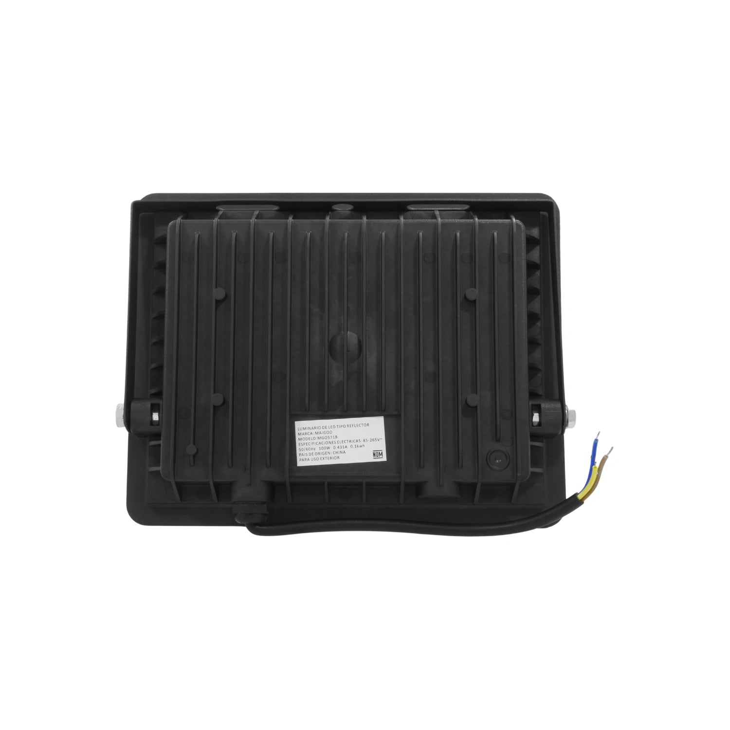Reflector LED Maigoo MG05718 negro 100W RGB multicolor para exterior, vista trasera con disipador y cables