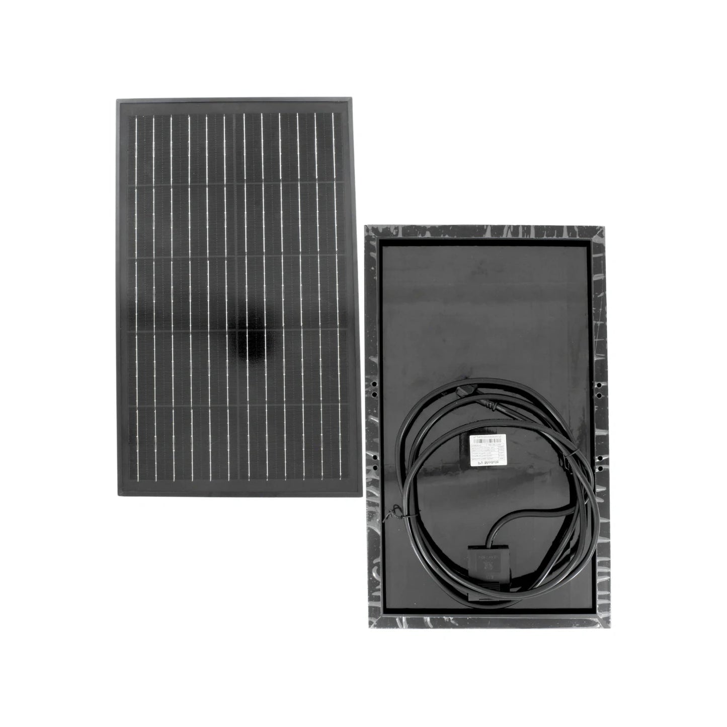 Panel solar fotovoltaico compacto negro, mostrando vista frontal de celdas y trasera con cableado eléctrico.
