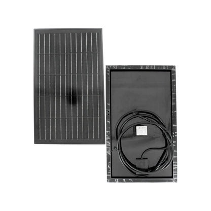 Panel solar fotovoltaico compacto negro, mostrando vista frontal de celdas y trasera con cableado eléctrico.