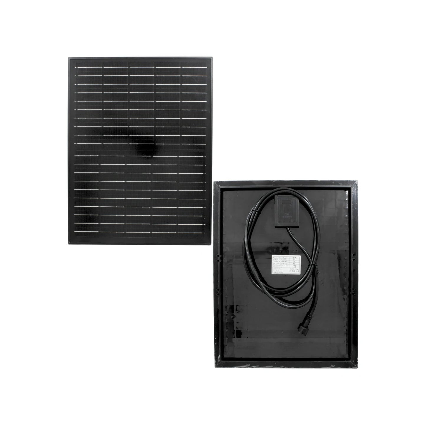 Panel solar fotovoltaico negro compacto, vista frontal de células y trasera con caja de conexiones y cableado.