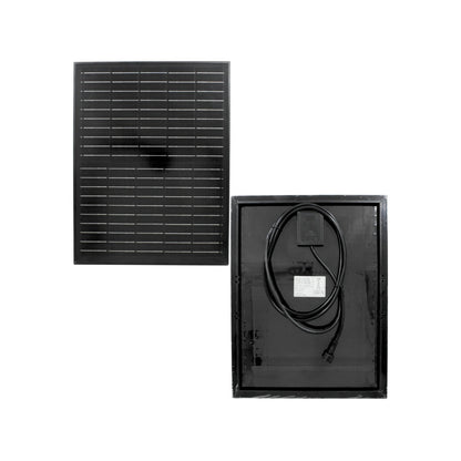 Panel solar fotovoltaico negro compacto, vista frontal de células y trasera con caja de conexiones y cableado.