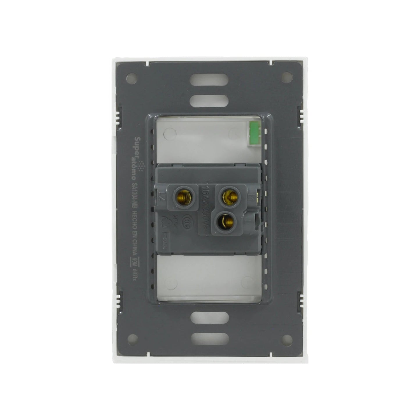 Placa blanca de pagador escalera Super átomo SA1304-MB, vista posterior con terminales eléctricos 16AX 250V