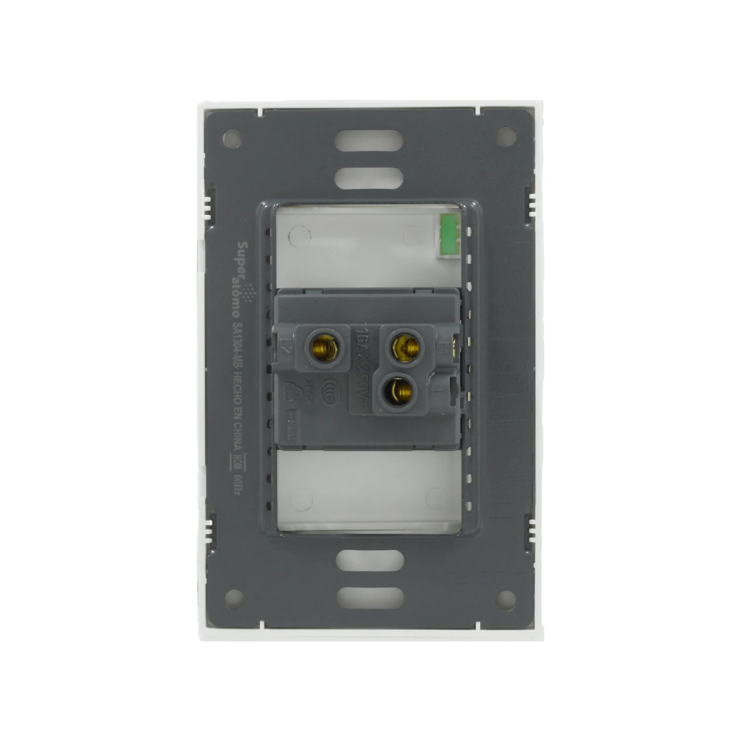 Placa blanca de pagador escalera Super átomo SA1304-MB, vista posterior con terminales eléctricos 16AX 250V