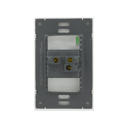 Placa blanca de pagador escalera Super átomo SA1304-MB, vista posterior con terminales eléctricos 16AX 250V