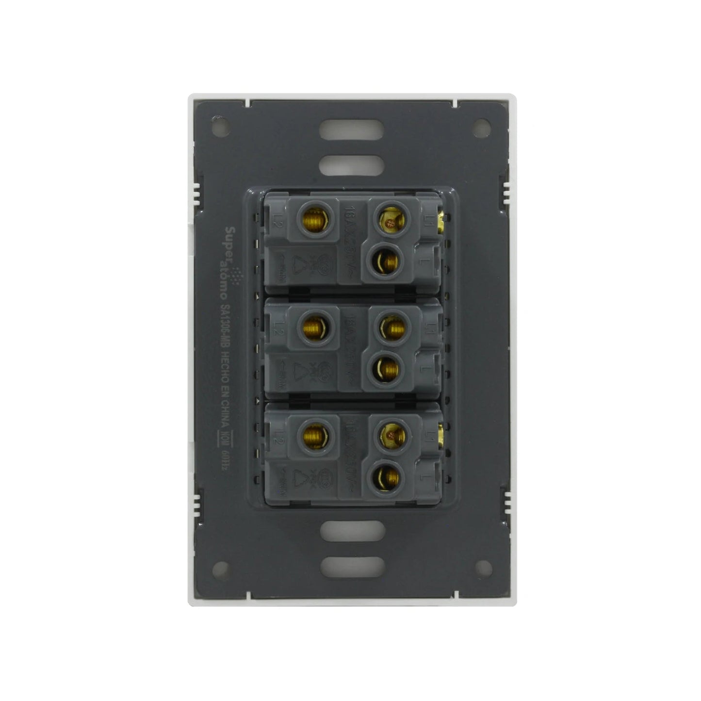 Placa eléctrica blanca Super átomo con 3 apagadores escaleras, vista trasera de los mecanismos 16A 250V.