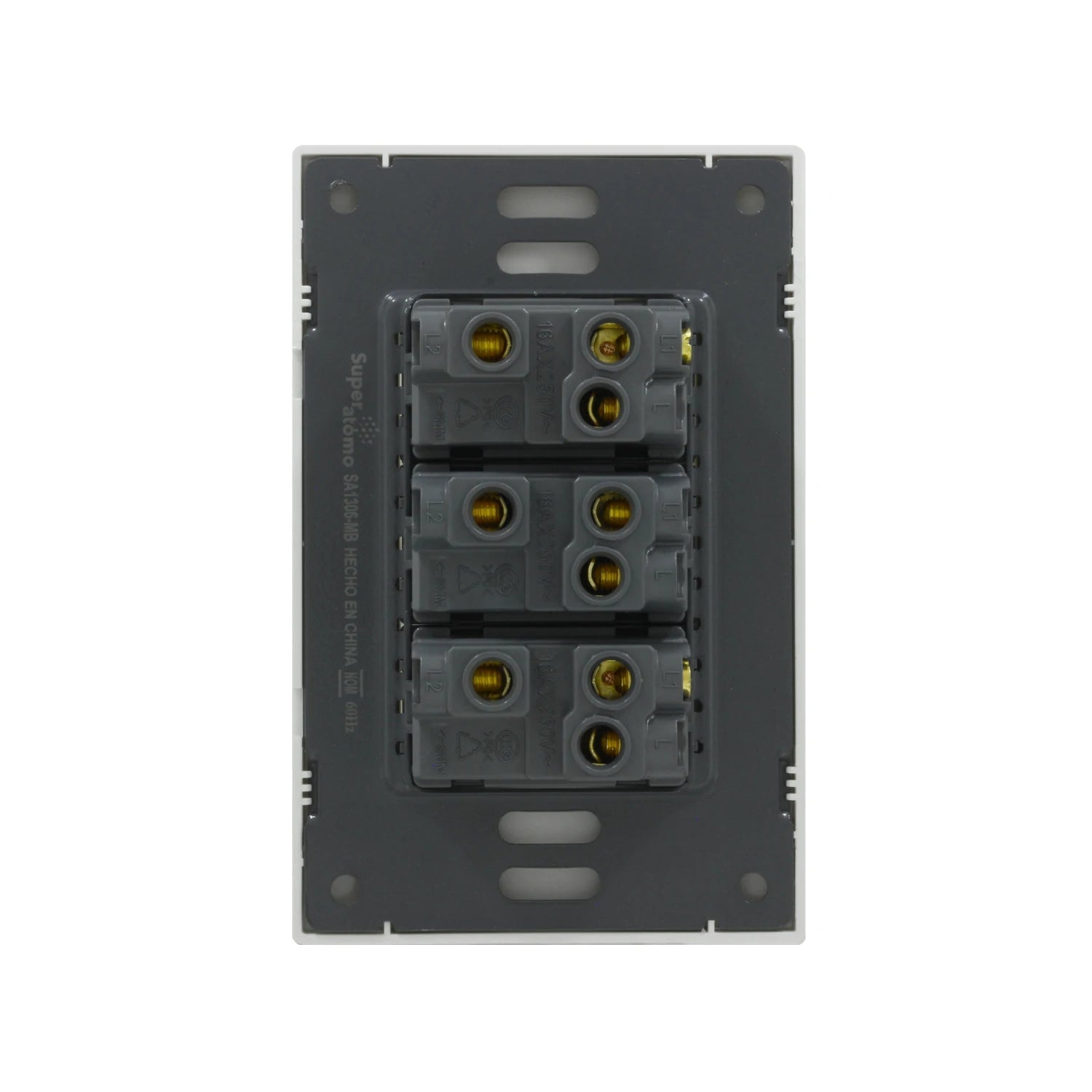 Placa eléctrica blanca Super átomo con 3 apagadores escaleras, vista trasera de los mecanismos 16A 250V.