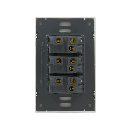 Placa eléctrica blanca Super átomo con 3 apagadores escaleras, vista trasera de los mecanismos 16A 250V.