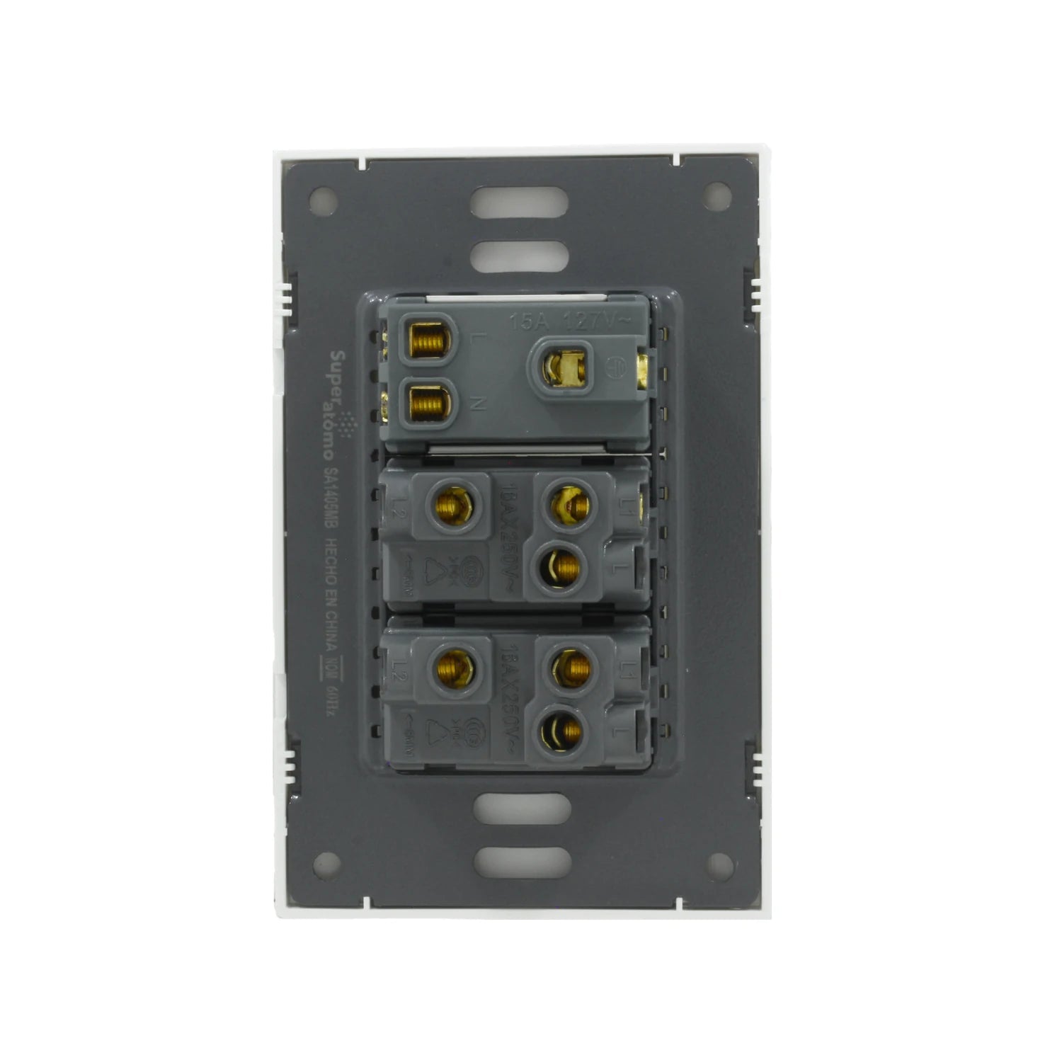Placa eléctrica Super átomo blanca con 2 apagadores 16A 250V y 1 contacto 15A 127V, vista trasera