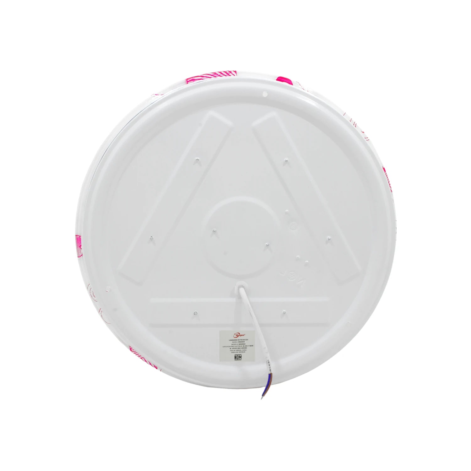 Lámpara LED redonda de sobreponer Maigoo 20W, con diseño rehilete rosa, vista trasera con conexiones eléctricas.