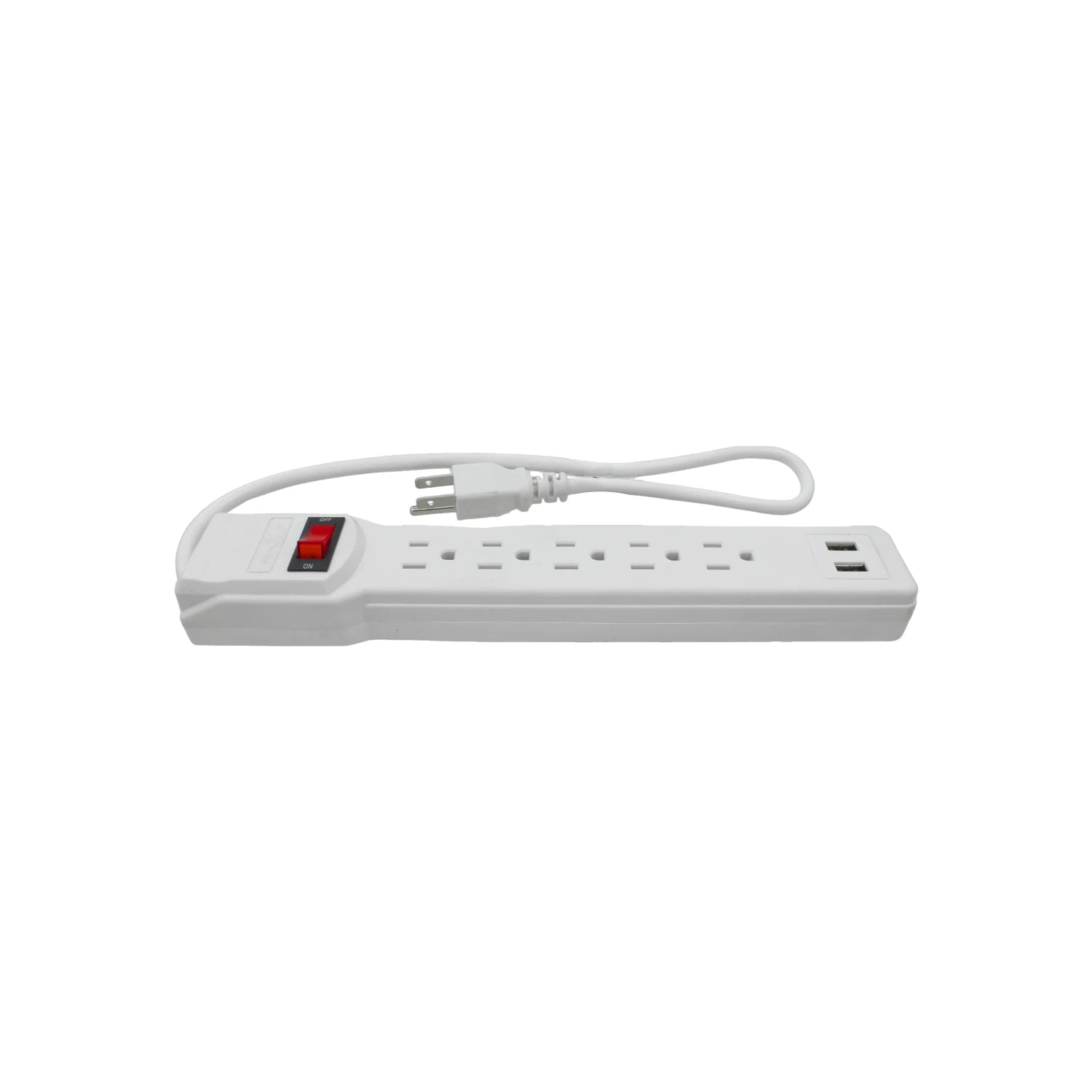 Multicontacto blanco con 5 tomas de corriente y 2 puertos USB, interruptor rojo de encendido/apagado