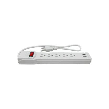 Multicontacto blanco con 5 tomas de corriente y 2 puertos USB, interruptor rojo de encendido/apagado