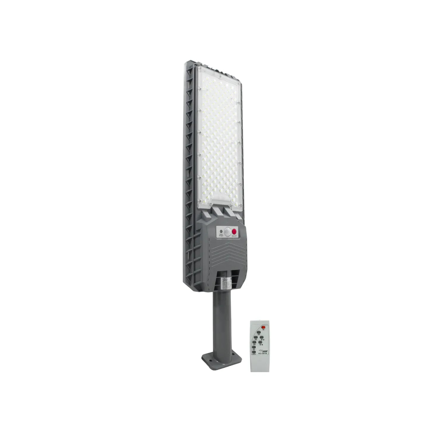 Lámpara solar LED gris para alumbrado urbano y exterior, incluye control remoto.