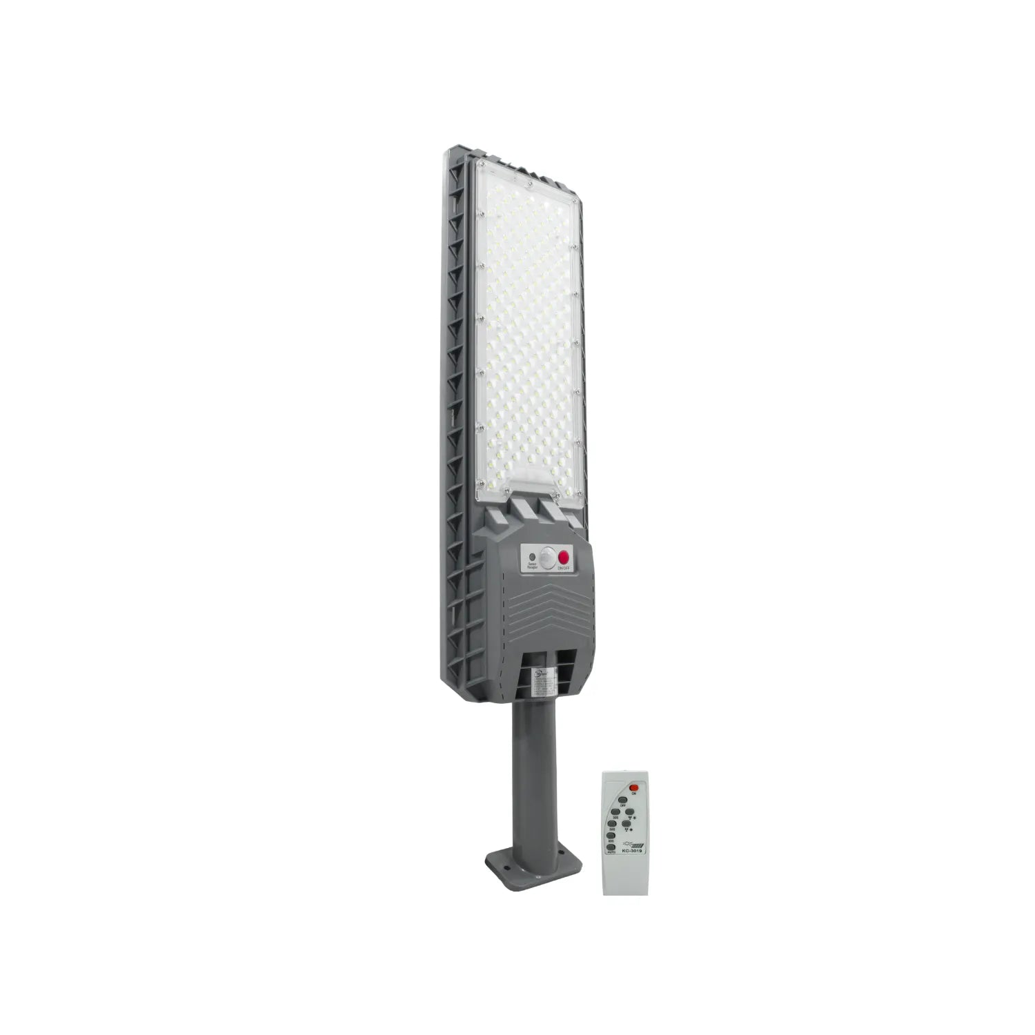 Lámpara solar LED gris para alumbrado urbano y exterior, incluye control remoto.