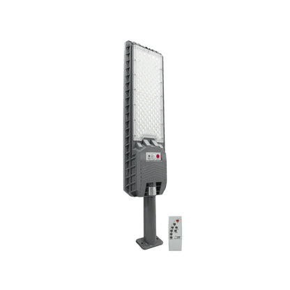 Lámpara solar LED gris para alumbrado urbano y exterior, incluye control remoto.