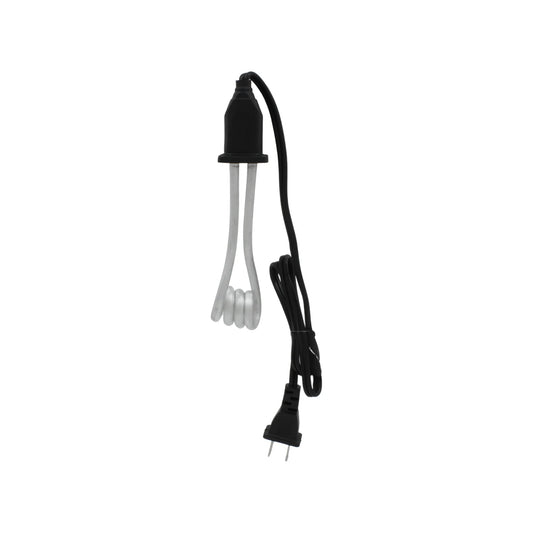 Calentador de agua de inmersión para cubetas, resistencia eléctrica metálica, mango y cable negros.