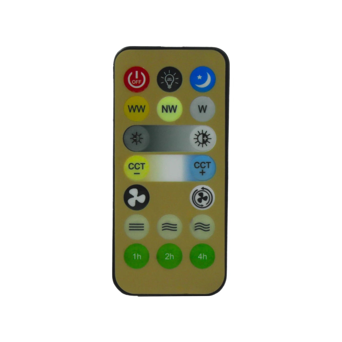 Control remoto beige para ventilador de techo con lámpara LED, ajuste de luz, color, brillo, velocidades y temporizador.