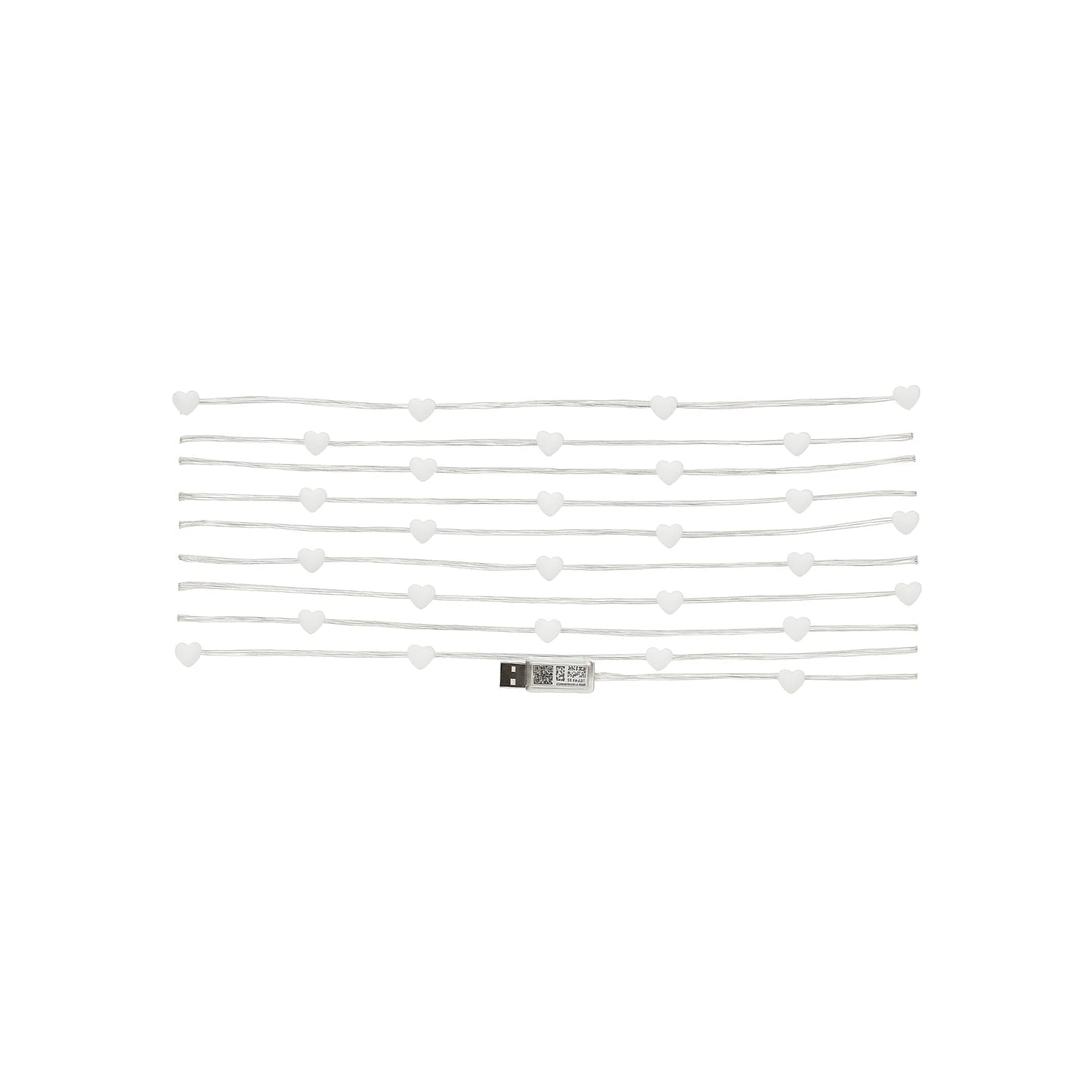 Serie de luces LED decorativas blancas con forma de corazones y conexión USB.