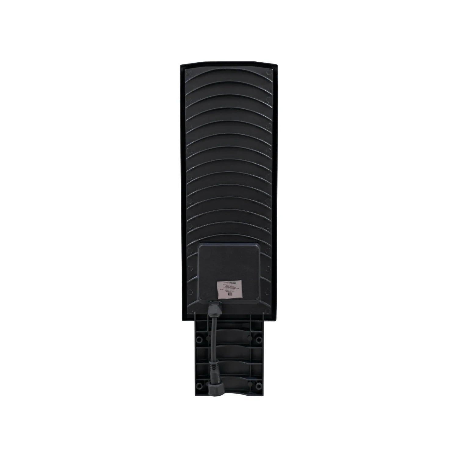 Lámpara suburbana LED 100W negra, parte trasera con disipador de calor tipo aletas y cable de alimentación.