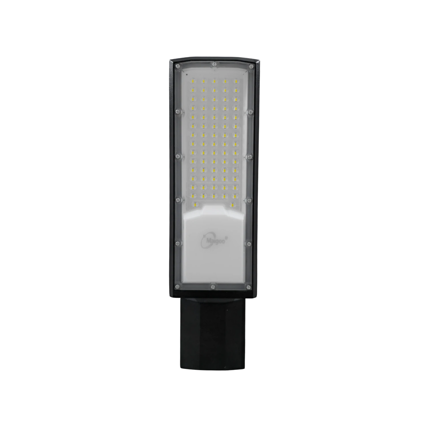 Luminaria LED Maigoo para alumbrado público, farol suburbano con panel de LEDs y cuerpo negro.