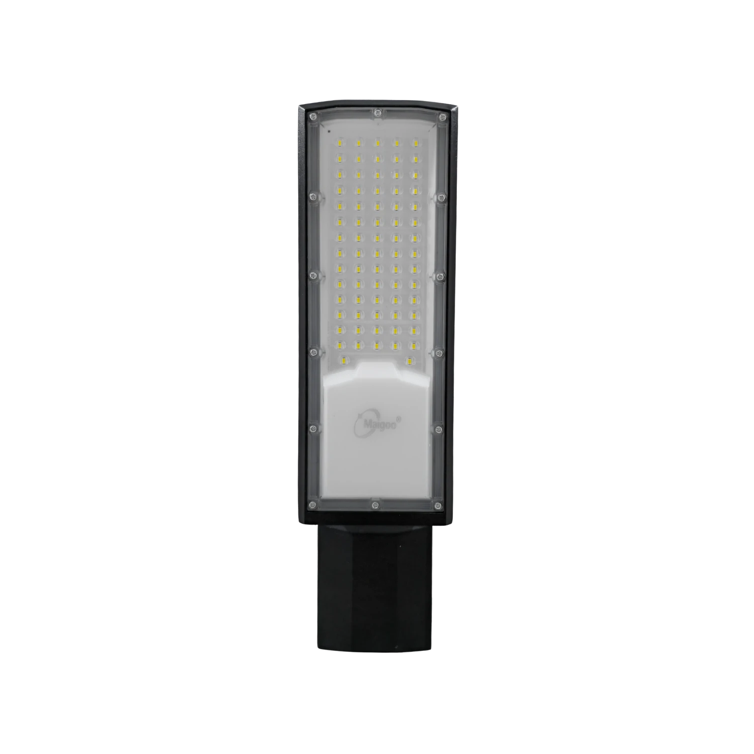 Luminaria LED Maigoo para alumbrado público, farol suburbano con panel de LEDs y cuerpo negro.