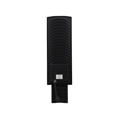 Luminaria LED exterior 200W negra, vista trasera con aletas de disipación y cable de conexión